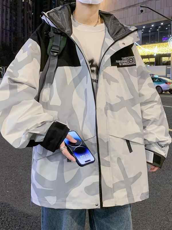 Jacket - ウインドブレーカー メンズ 春秋 マウンテンパーカー フード付き ジップアップ 登山 アウトドア スポーツ 防風 大きいサイズ ゆったり カジュアル 黒 グレー 緑
