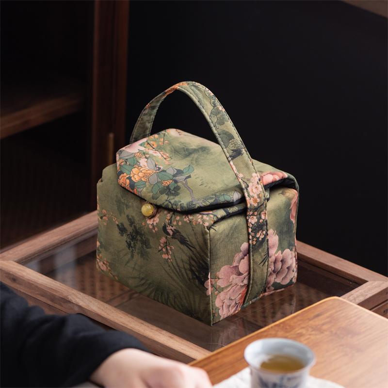 茶道具 仕覆 御物袋 旅行 ティーセット 収納 バッグ ポータブル 布 錦織 持ち手 ボタン 仕切り 厚手 ソフト ポット カップ 中国茶 おしゃれ レトロ チャイナ風 緑 紺 黄色 家庭 アウトドア