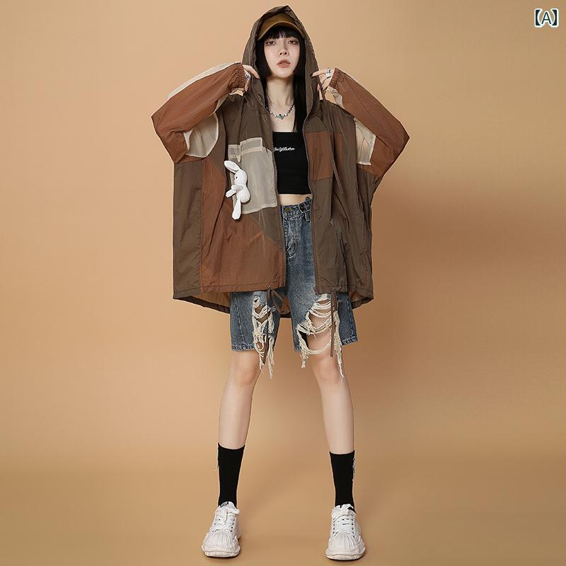 フロントップ楽天市場店のラッシュガード レディース 長袖 春夏 ジャケット ジップアップ フード ポケット ゆったり 薄手 アウトドア ビーチ 旅行 カジュアル 茶色 大きいサイズ｜アングル2