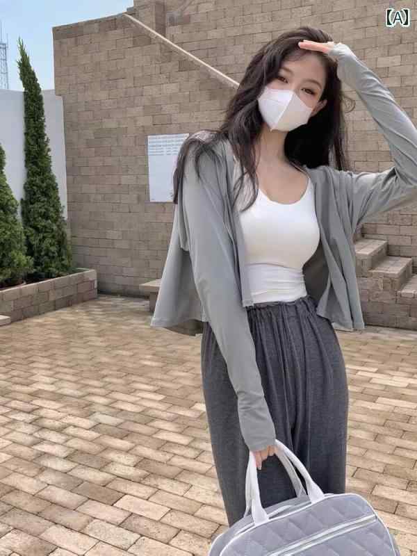 ラッシュガード レディース 夏 パーカー カーディガン 長袖 ジップアップ フード 指穴 ショート丈 薄手 ひんやり 涼しい 日焼け防止 ゆったり 海 アウトドア 旅行 シンプルカジュアル 大きいサイズ 無地 グレー 白