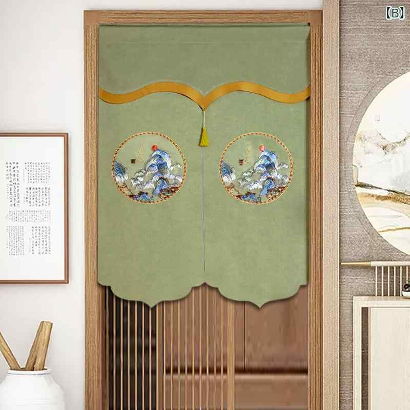 のれん アジアン 暖簾 目隠し 間仕切り エスニック インテリア 玄関 廊下 寝室 チャイナ風 綿 麻 刺繡 静電気防止 緑 おしゃれ 房付き