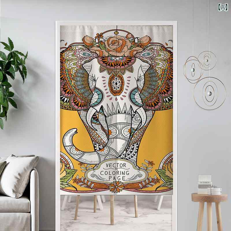 のれん アジアン 暖簾 目隠し 間仕切り エスニック インテリア 玄関 廊下 カーテン 東南 アジア 象 突っ張り棒 取り付け簡単 穴あけ不要 厚手 遮光 耐久性 おしゃれ