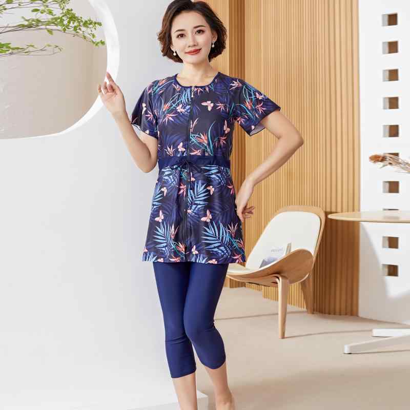 水着 体型カバー 60代 大人 レディース ママ シニア ミセス 大きいサイズ 着痩せ 夏 スポーツ セパレート ミモレ丈ズボン 前開き ラウンドネック 半袖 青 黒