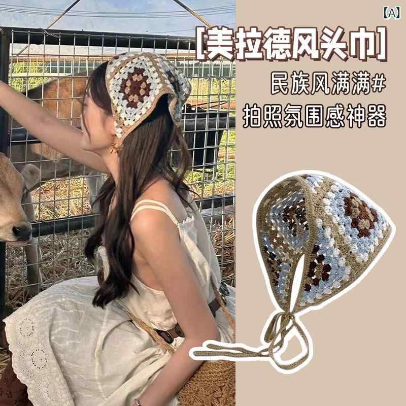 ヘア バンド おしゃれ レディース エスニック 手編み ヘッド スカーフ アクセサリー 三角斤 カジュアル 普段使い 花 サクランボ イチゴ 青 白 ピンク