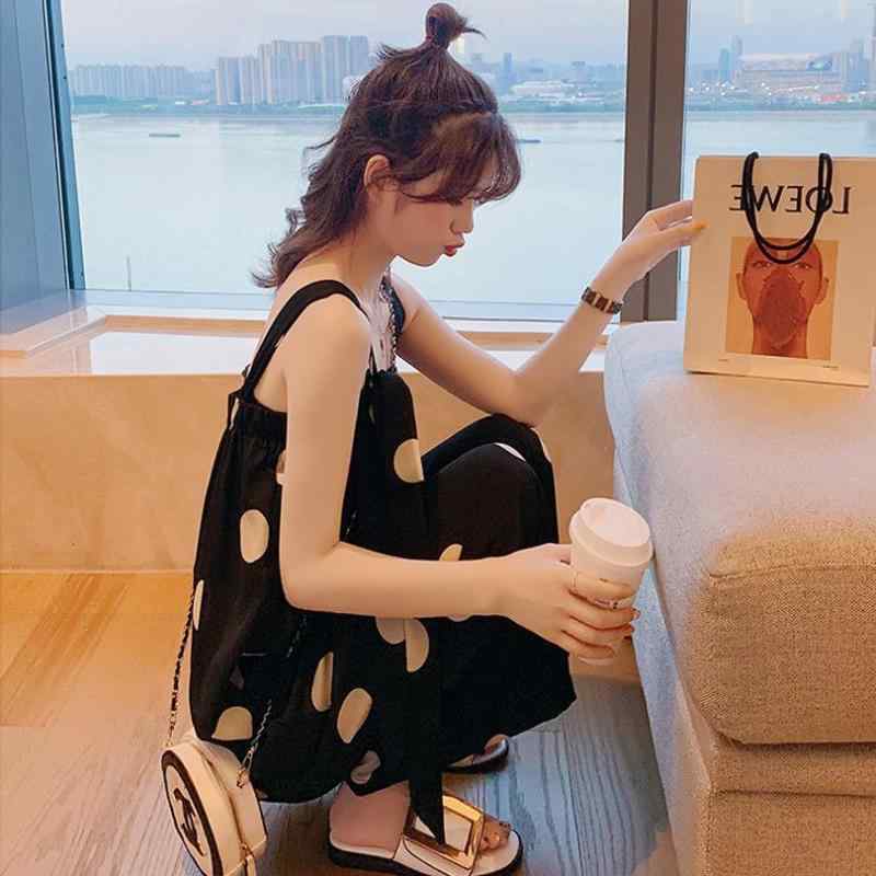 サロペット オールインワン 韓国 レディース 夏 かわいい シフォン スリム 水玉 ハイウエスト ワイドレッグパンツ ベルト 薄手 涼しい 9分丈 黒