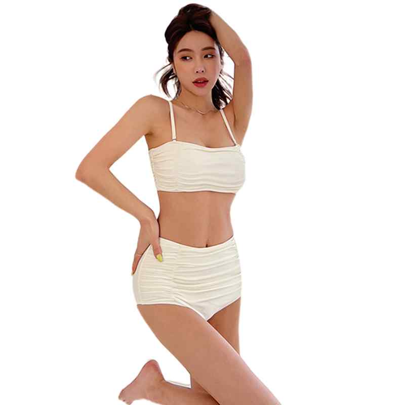 ビキニ レディース 水着 上下セット セパレート ビーチ 旅行 温泉 胸パッドあり ワイヤーなし ハイウエスト ストラップ スリム おしゃれ 無地 白