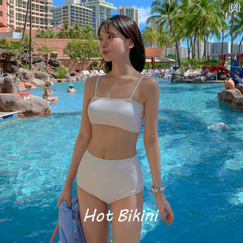 ビキニ レディース 水着 上下セット セパレート ビーチ 旅行 温泉 胸パッドあり ワイヤーなし ハイウエスト ストラップ スリム おしゃれ 無地 白