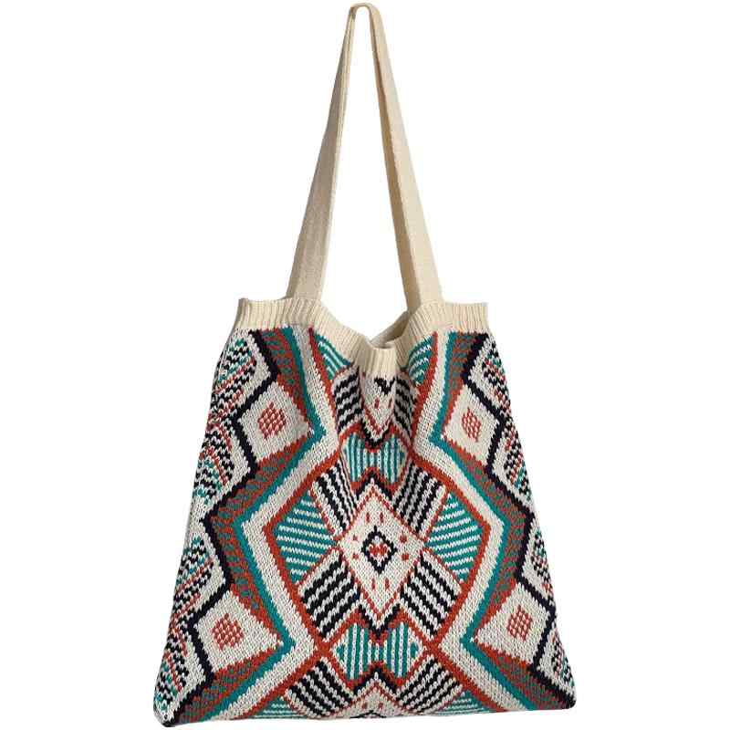 エスニック バッグ かばん 鞄 ニット ウール ショルダー トート A4 肩掛け ボヘミアン 大容量 スリム 柔らかい おしゃれ カジュアル アイボリー 青