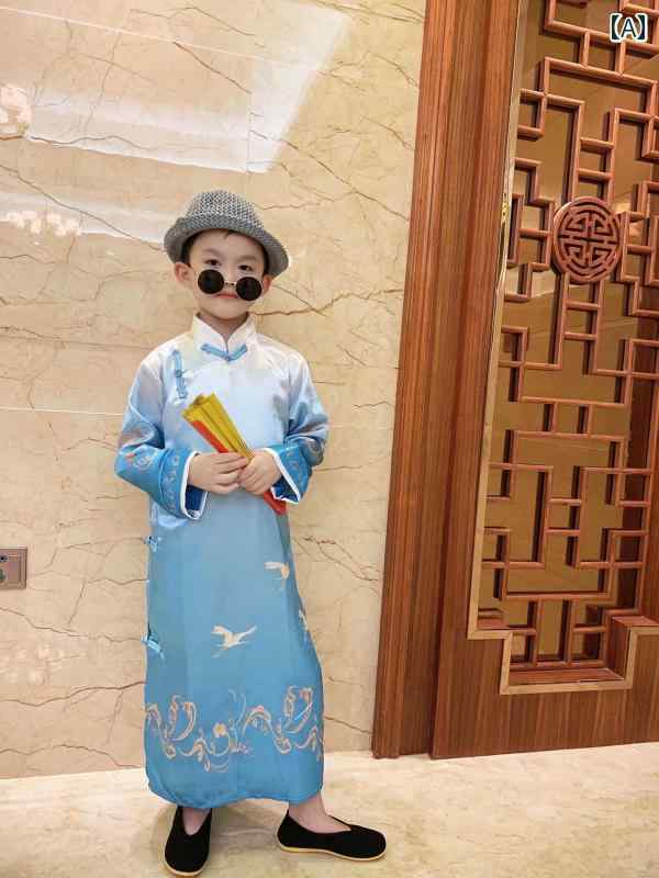中国 宮廷 衣装 子供 男の子 女の子 チャンパオ 長袍 チャイナ服 コスプレ パフォーマンス スタンドカラー スリット 通気性 柔らかい 光沢 グラデーション プリント 刺繍 鶴 花 龍 赤 青 黒