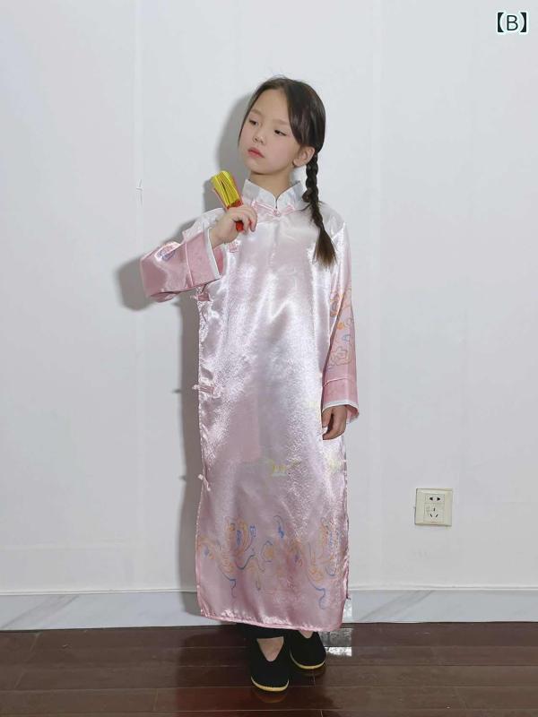 中国 宮廷 衣装 子供 男の子 女の子 チャンパオ 長袍 チャイナ服 コスプレ パフォーマンス スタンドカラー スリット 通気性 柔らかい 光沢 グラデーション プリント 刺繍 鶴 花 龍 赤 青 黒