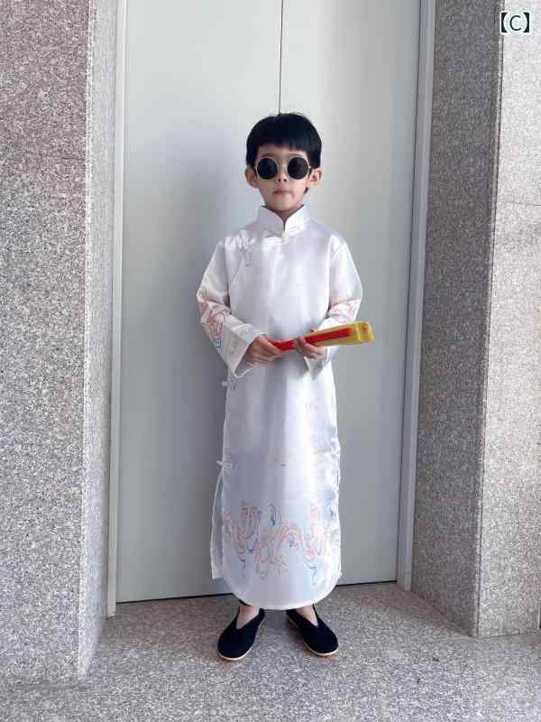 中国 宮廷 衣装 子供 男の子 女の子 チャンパオ 長袍 チャイナ服 コスプレ パフォーマンス スタンドカラー スリット 通気性 柔らかい 光沢 グラデーション プリント 刺繍 鶴 花 龍 赤 青 黒