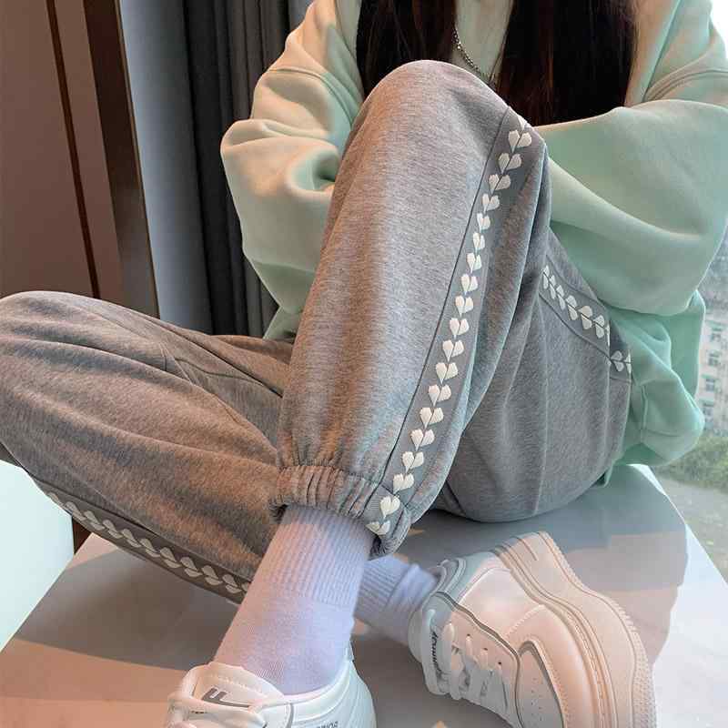Other - パンツ レディース スウェット 春秋 ゆったり ハイウエスト ルーズ カジュアル 厚手 おしゃれ ジョガー ハート 黒 白 ライトグレー 大きいサイズ