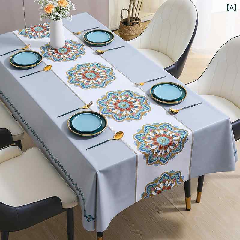 テーブルクロス エスニック PVC 防水 防油 机 デスク カバー キッチン リビング お茶会 ホームパーティー おしゃれ インテリア レトロ 刺繍 グレー 緑 青
