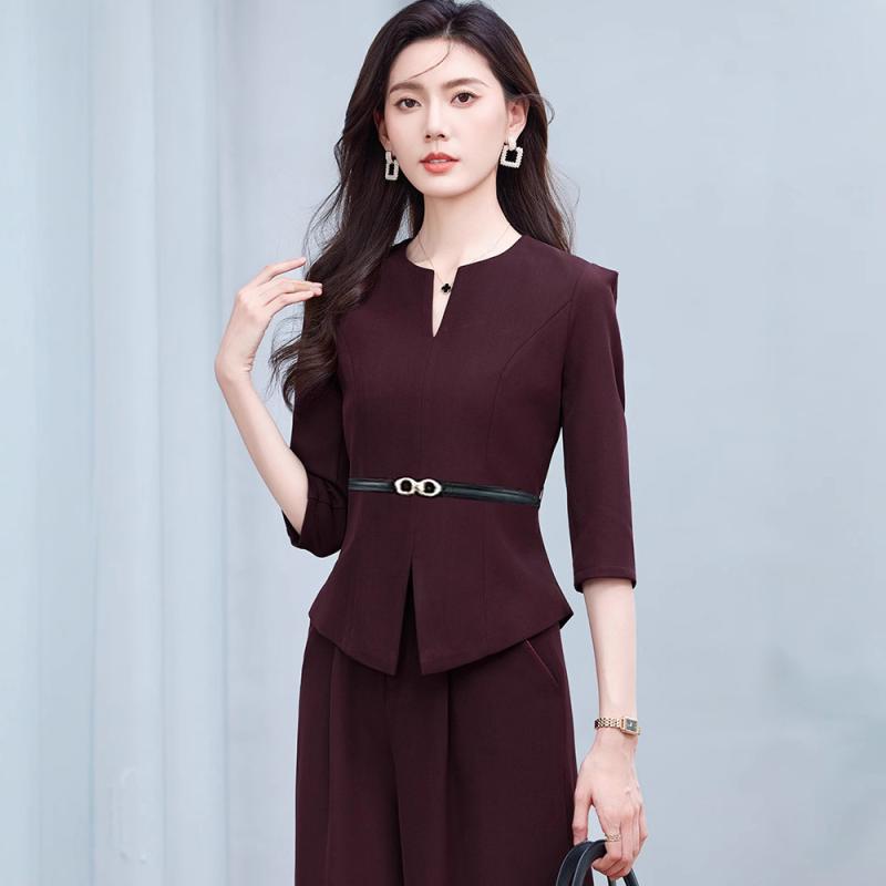 Suits For Job Interviews - セットアップ レディース 七分袖 ジャケット ワイドパンツ 上下セット パンツスーツ 通勤 オフィス フォーマル 春夏秋 ストレッチ ポリエステル 体型カバー ゆったり シンプル 黒 赤 白 高級感 40代 エレガント きれいめ 大人 婦人服 無地 アウ