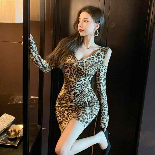 キャバドレス 長袖 レディース セクシー ヒョウ 柄 Vネック オフショルダー ベルベット ナイトクラブ ショート ミニ 丈 キャバドレス 長袖 レディース セクシー ヒョウ 柄 Vネック オフショルダー ベルベット ナイトクラブ ショート ミニ 丈