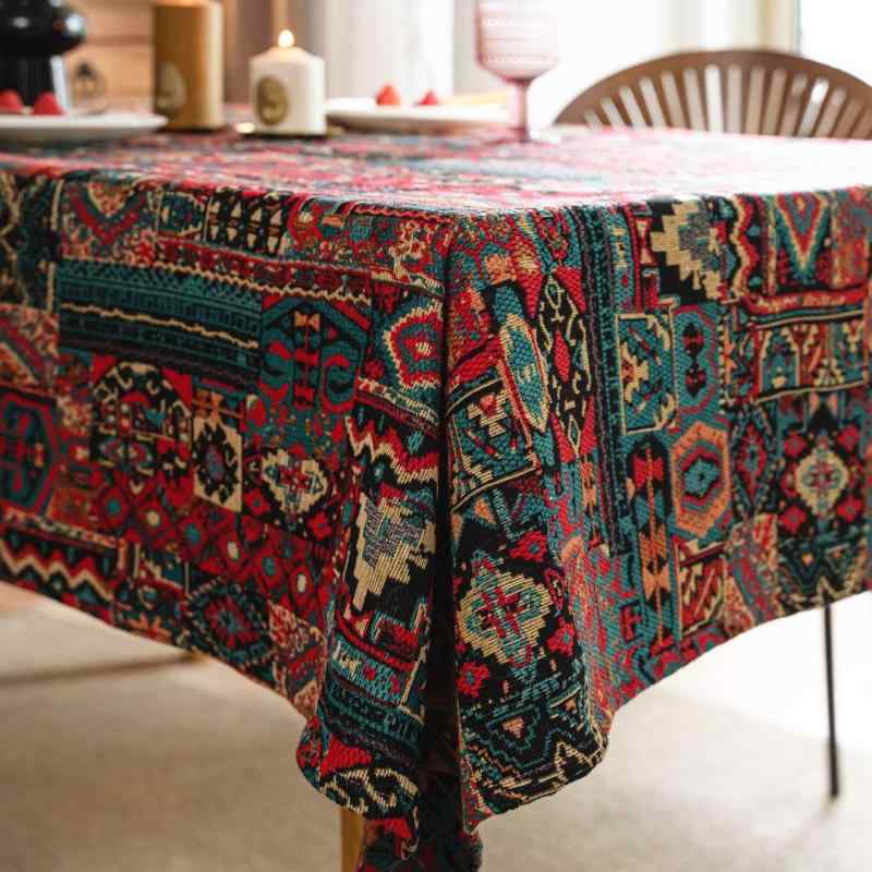 テーブルクロス エスニック 布 机 デスク キッチン リビング ピクニック ホームパーティー カバー おしゃれ インテリア レトロ 厚手 防汚 長方形 ジャカード アメリカン 幾何学模様