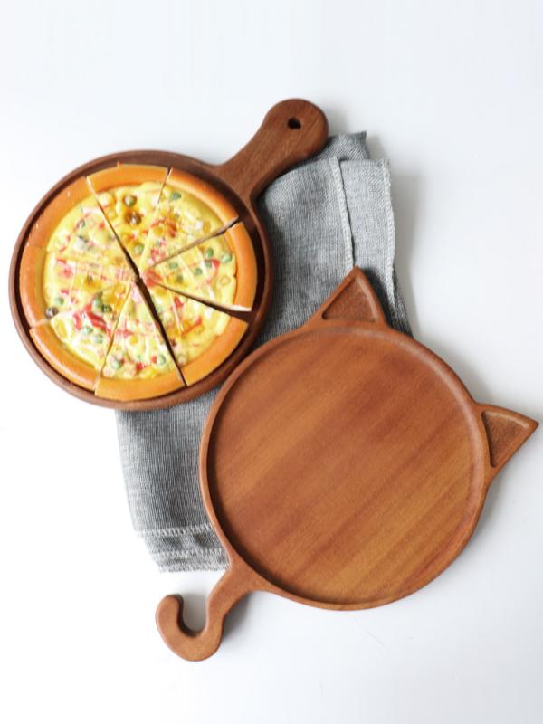 ピザ プレート 木製 黒檀 無垢材 丸型 おしゃれ 猫 かわいい ステーキ パン 家庭用 調理用 配膳 平板 皿 キッチン ハンドル付き