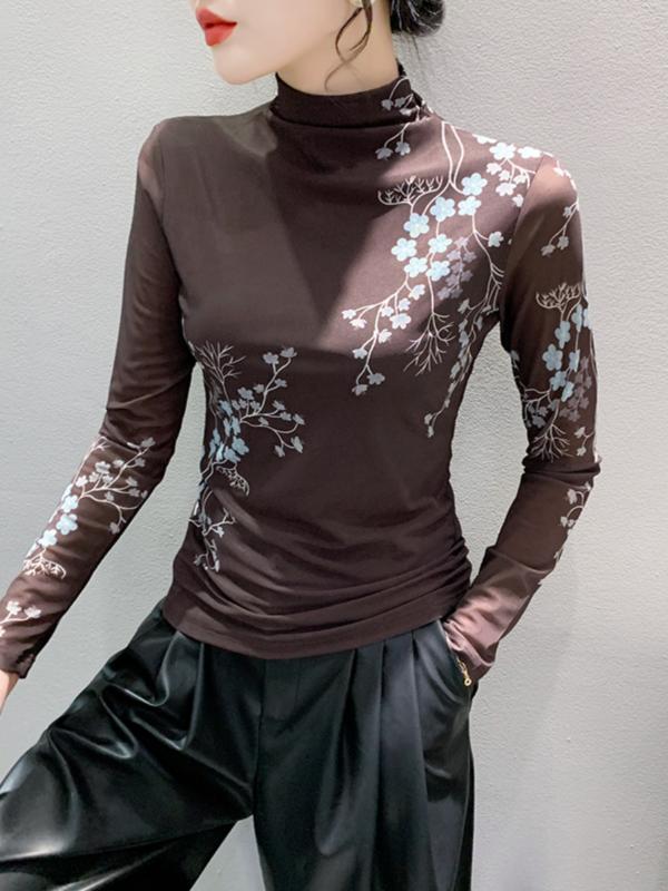 長袖 tシャツ レディース トップス インナー 秋冬 ハイネック プルオーバー 大きいサイズ スリムフィット メッシュ レトロ プリント 普段使い 外出用 蝶 花柄 アプリコット 青 茶 大人 エレガント おしゃれ