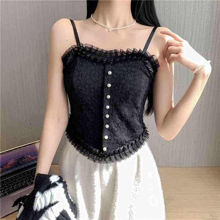 キャミソール ショート丈 インナー カップあり レディース ブラトップ レース シャーリング フリル ボタン 薄手 見せる 伸縮 通気性 レ..