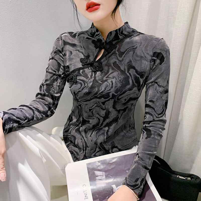 トップス レディース 長袖 チャイナ風 スタンドカラー 立ち襟 レトロ 柄プリント 春秋 通気性 柔らかい 毛玉になりにくい おしゃれ エレガント ショッピング 旅行 大きいサイズ