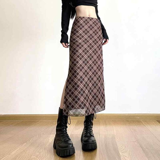 スカート ハイウエスト おしゃれ レトロ レディース スリットデザイン メッシュ ミモレ丈 aライン ジッパー付き 秋 青 茶 チェック柄 スカート ハイウエスト おしゃれ レトロ レディース スリットデザイン メッシュ ミモレ丈 aライン ジッパー付き 秋 青 茶 チェック柄