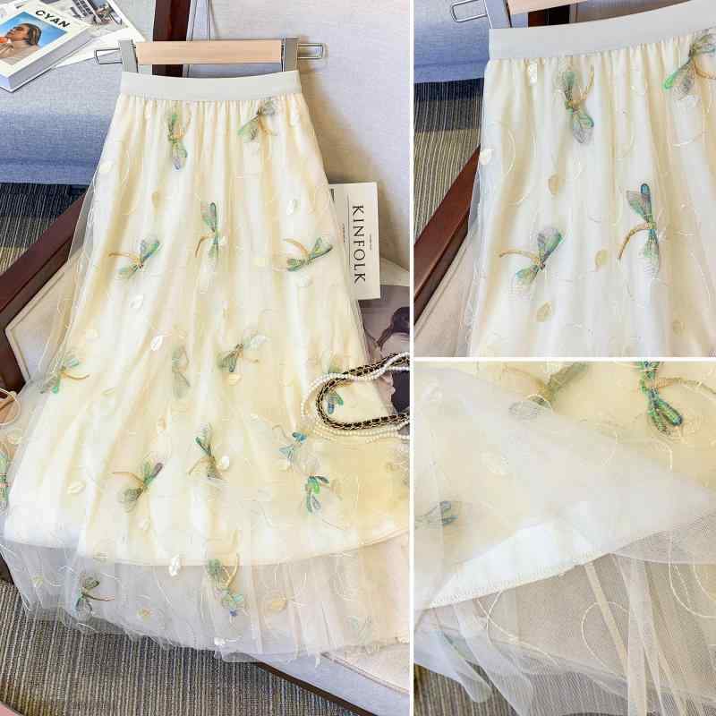 チュールスカート 大人 2層 ミモレ丈 かわいい 春夏 レディース ハイウエスト スリム ゴム メッシュ Aライン フリル 黒 アプリコット グレー 刺繍