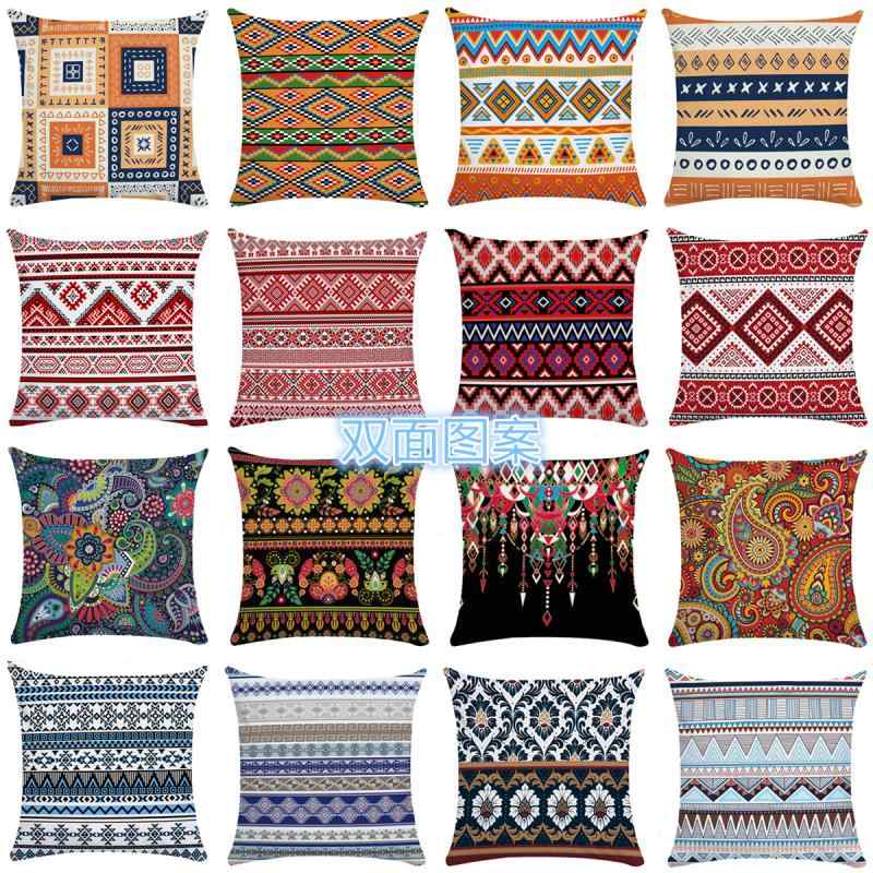 クッション カバー おしゃれ エレガント レトロ エスニック ソファ 枕 ボヘミアン 旅館 ベッド ホテル モデルルーム 写真 撮影 インテリア 幾何学 柄 正方形 赤 青 オレンジ