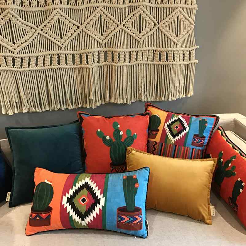 クッション カバー おしゃれ エスニック エキゾチック ソファ リビング 枕 レトロ ノスタルジック 装飾 インテリア サボテン 鳥 赤 青