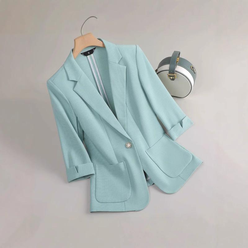 Pants Suit - テーラードジャケット レディース 七分袖 五分袖 春秋 アウター 羽織り 通勤 オフィス ビジネス 仕事着 事務服 フォーマル きれいめ 上品 エレガント ストレッチ 伸縮性 ポリエステル シワになりにくい 30代 ライトブルー アプリコット ホワイト