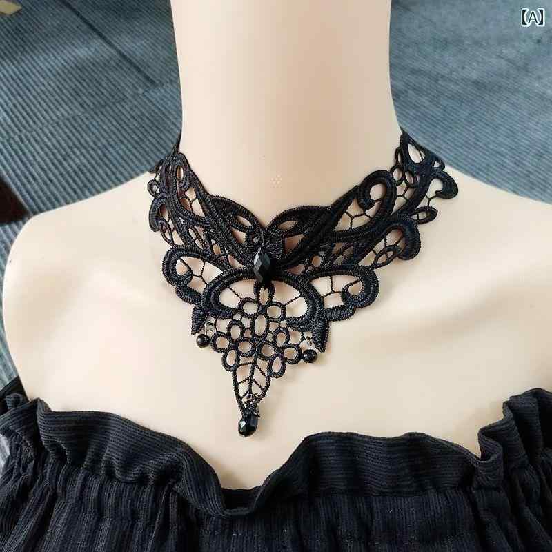 チョーカー ネックレス レディース レース ロリータ 首輪 飾り 透かし 太め 幅広 チェーン アジャスター ゴシック ゴスロリ パンク おしゃれ アクセサリー コスプレ ハロウィン 結婚式 パーティ イベント クリスタル ビーズ ブラック ホワイト
