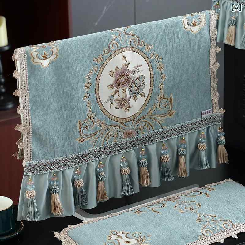 パソコン モニター カバー ほこりよけ ディスプレイ PC デスクトップ 汚れ防止 保護 防塵 布 フリル タッセル 刺繡 花 ホスト キーボード 画面 ヨーロピアン エレガント 青