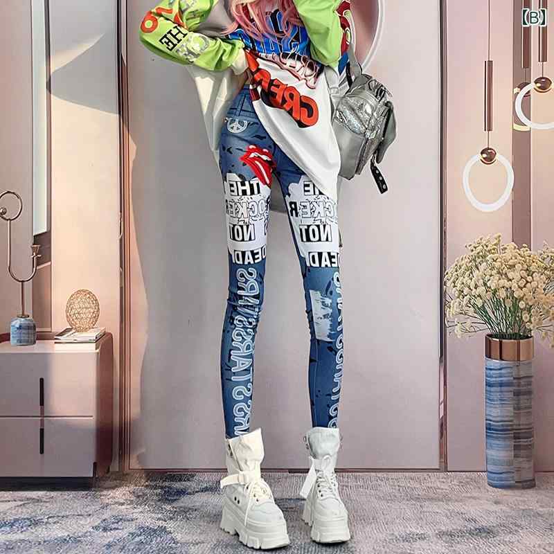 レギンス レディース 派手 パンツ 魅力的 デニム プリント アルファベット スリム...