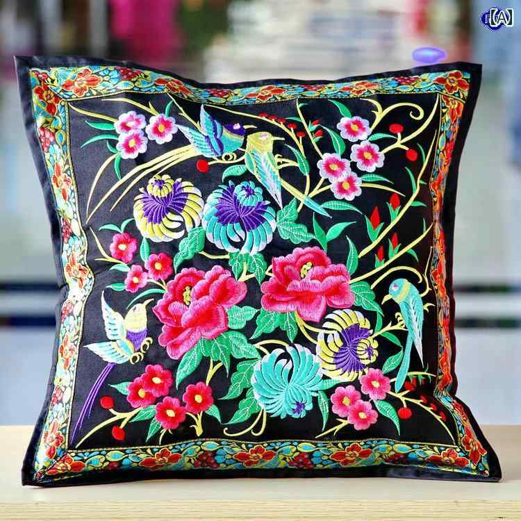 Rakuten - クッションカバー エスニック 民族風 スクエア 角型 インテリア 雑貨 刺繍 花 鳥 鮮やか 華やか リビング 椅子 ソファ