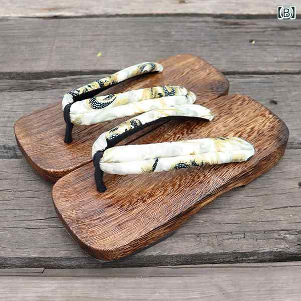 メンズ サンダル スリッパ 木製 夏 下駄 つっかけ 履物 浴衣 温泉 海水浴 通気性 滑り止め ラバーソール 角型 カジュアル 龍 鶴 黒 茶色 白