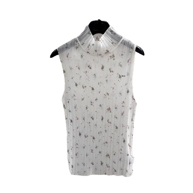 ハイネック ノースリーブ レディース 夏 メッシュ プリーツ ゆったり 普段使い オフィス フランネル 花柄 黒 白 茶色 おしゃれ シンプル