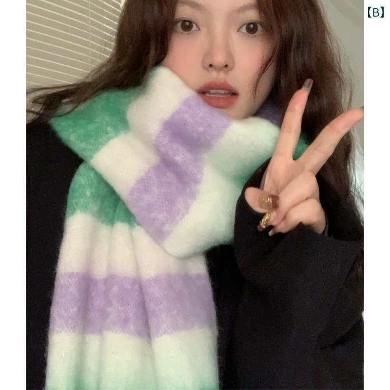 マフラー かわいい レディース 女性 韓国 冬 暖かい 防寒 保温 ショール カジュアル 普段使い 通勤 通学 ポリエステル 繊維 緑 紫 チェック 柄 ブロックカラー フリンジ