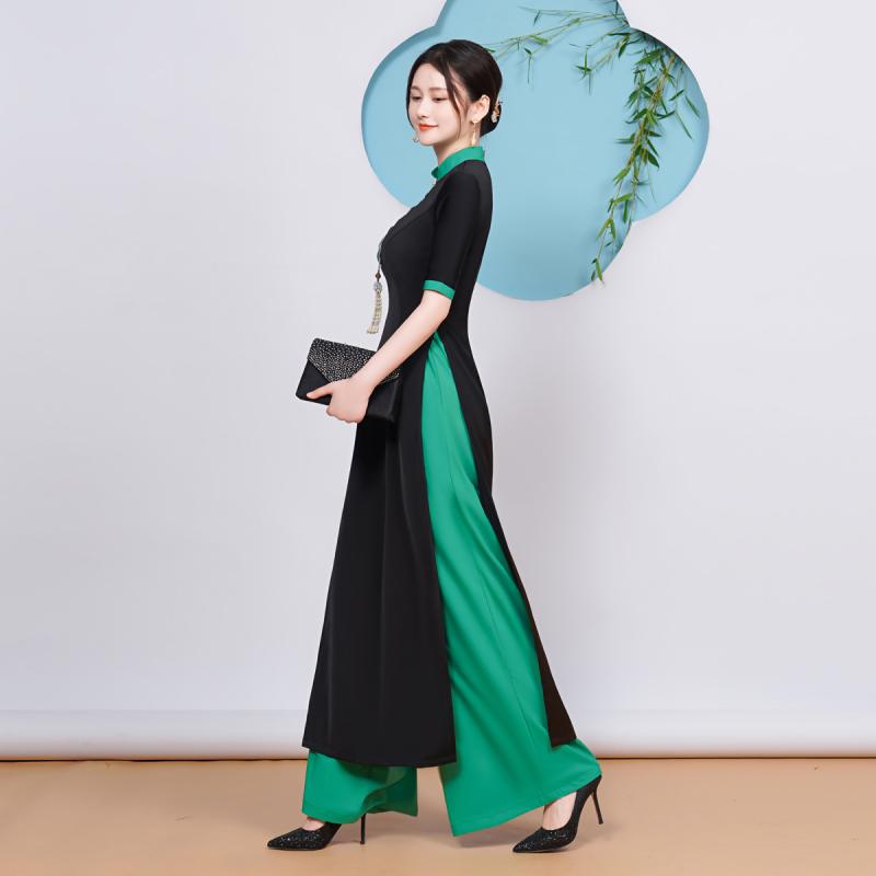 アオザイ 衣装 豪華感 ロング丈 トップス セットアップ チャイナドレス 夏 レディース スタンドカラー スリット 半袖 黒 緑 刺繡
