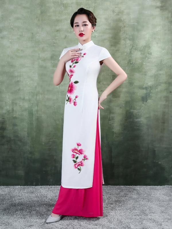 ベトナム 民族衣装 アオザイ 春夏 レディース チャイナドレス ロング丈 ワンピース きれいめ エレガント 鮮やか 刺繍 大きいサイズ 赤 青 緑 花柄