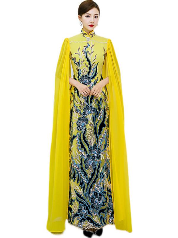 ベトナム 民族衣装 アオザイ レディース チャイナドレス ロング丈 ワンピース きれいめ エレガント 舞台 大きいサイズ 刺繍 鮮やか 黄