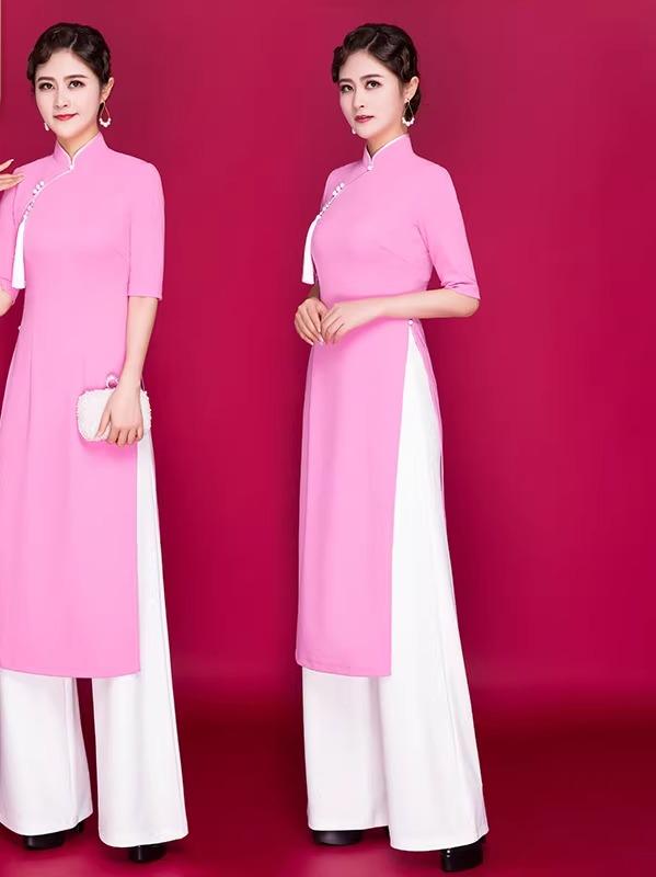 ベトナム 民族衣装 アオザイ レディース 春夏 チャイナ ドレス パフォーマンス パンツ きれいめ エレガント 無地 シンプル 大きいサイズ 痩身 白 黒 ピンク