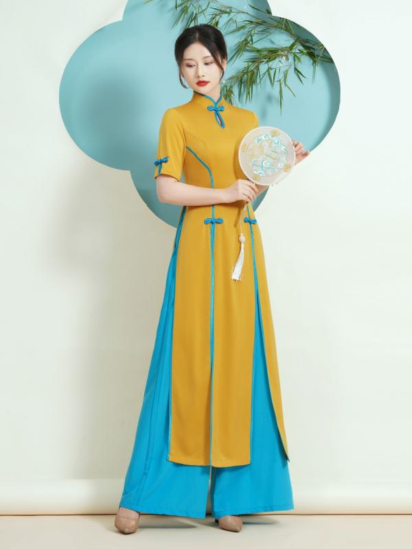 ベトナム 民族衣装 アオザイ レディース 春夏 チャイナドレス パンツ レトロ ダンス ロング丈 エレガント 大きいサイズ 黄 黒 緑