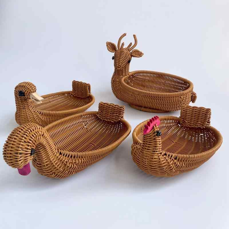 バスケット 手織り プラスチック おしゃれ プレート 収納 にわとり 小物入れ レトロ シカ 小さめ 大き..