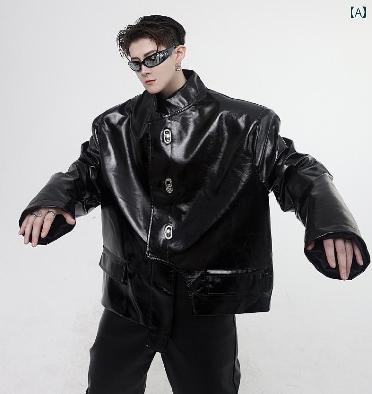ジャケット メンズ 春秋 韓国 トップス アウター PUレザー スタンドカラー 光沢 ショート丈 おしゃれ カジュアル ゆったり 黒