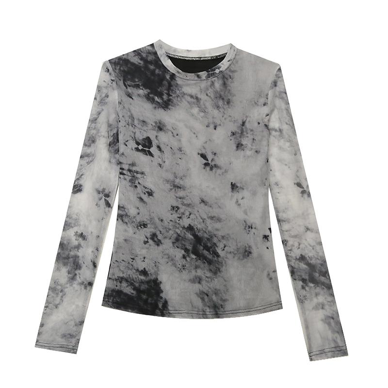 Other - レディース トップス 長袖 メッシュ Tシャツ 秋冬 フレンチ レトロ スリムフィット インナー ラウンドネック 通気性 薄手 軽量 絞り染め プリント 大きいサイズ おしゃれ