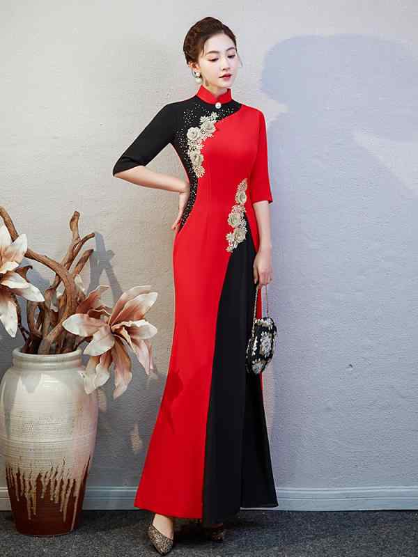 アオザイ 衣装 ロングチャイナドレス おしゃれ 大きいサイズ レディース アンティーク調 七分袖 スリットなし Aライン 冬 赤 黒 紫 花柄