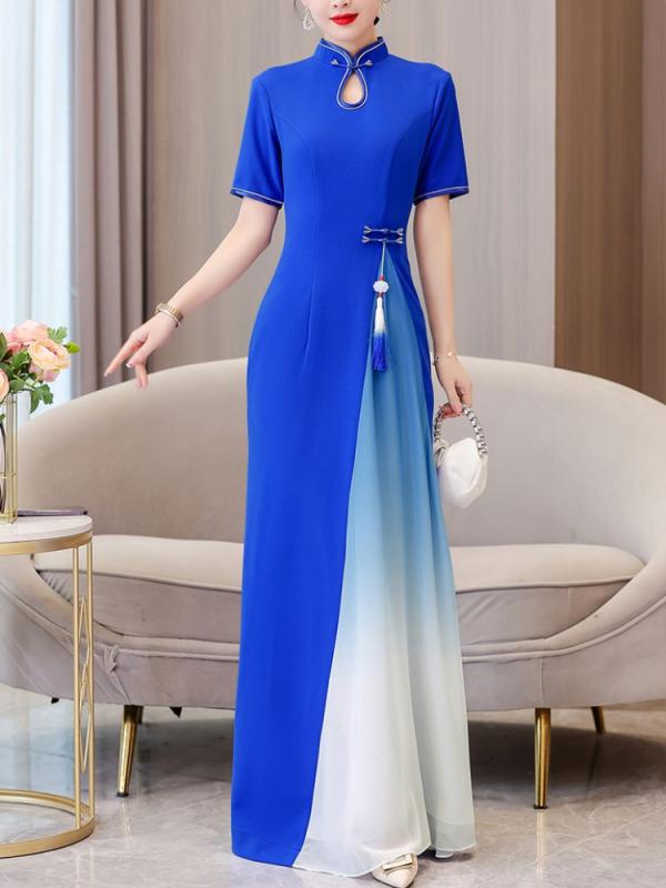 アオザイ 衣装 チャイナドレス 豪華感 舞台用 ロング丈 大きいサイズ ハイウエスト 半袖 夏 レディース スタンドカラー グラデーション 青 ピンク