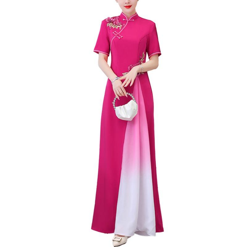 アオザイ 衣装 チャイナドレス レディース ロング丈 夏 レトロ スリム 大きいサイズ 半袖 スリットなし スタンドカラー 青 赤 ピンク 花