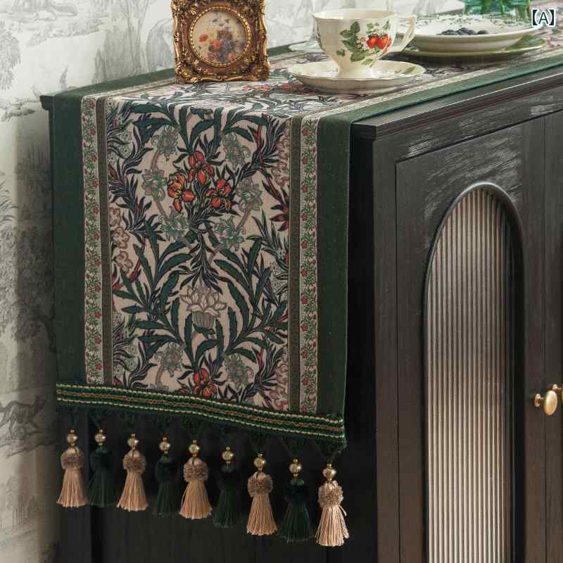 テーブルランナー ロング リネン 綿 38cm幅 タッセル 防水 色褪せにくい インテリア ダイニング 装飾 キャビネット アメリカン レトロ エレガント 花柄