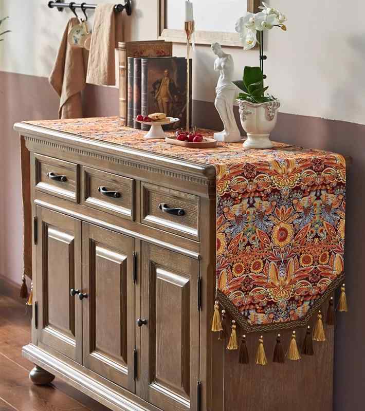 テーブルランナー ロング 綿 ラミー 38cm幅 タッセル 手洗い可 インテリア ダイニング リビング キャビ..