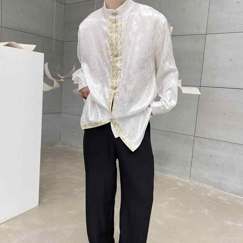 其它 - メンズ チャイナ シャツ 春 サテン ジャカード レトロ 長袖 スタンドカラー 装飾ボタン おしゃれ 上品 豪華感 ゆったり 黒 白 葉